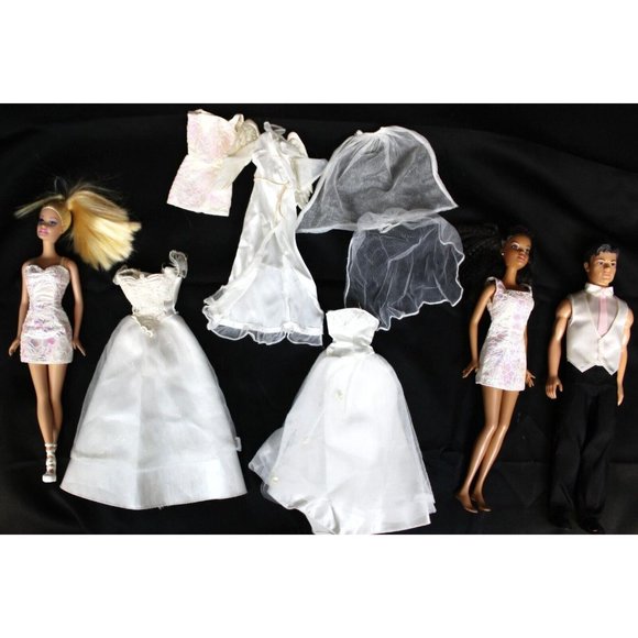 Barbie Wedding Dress Lot Princess Bride Angel Veil  Bridesmaid Groom Ken Tuxedo - Picture 1 of 12